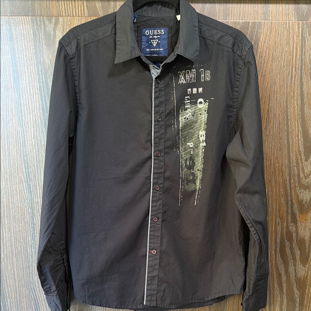 Guess Black Button-Up Cotton Shirt, Great Graphics, Excellent Like New, Medium